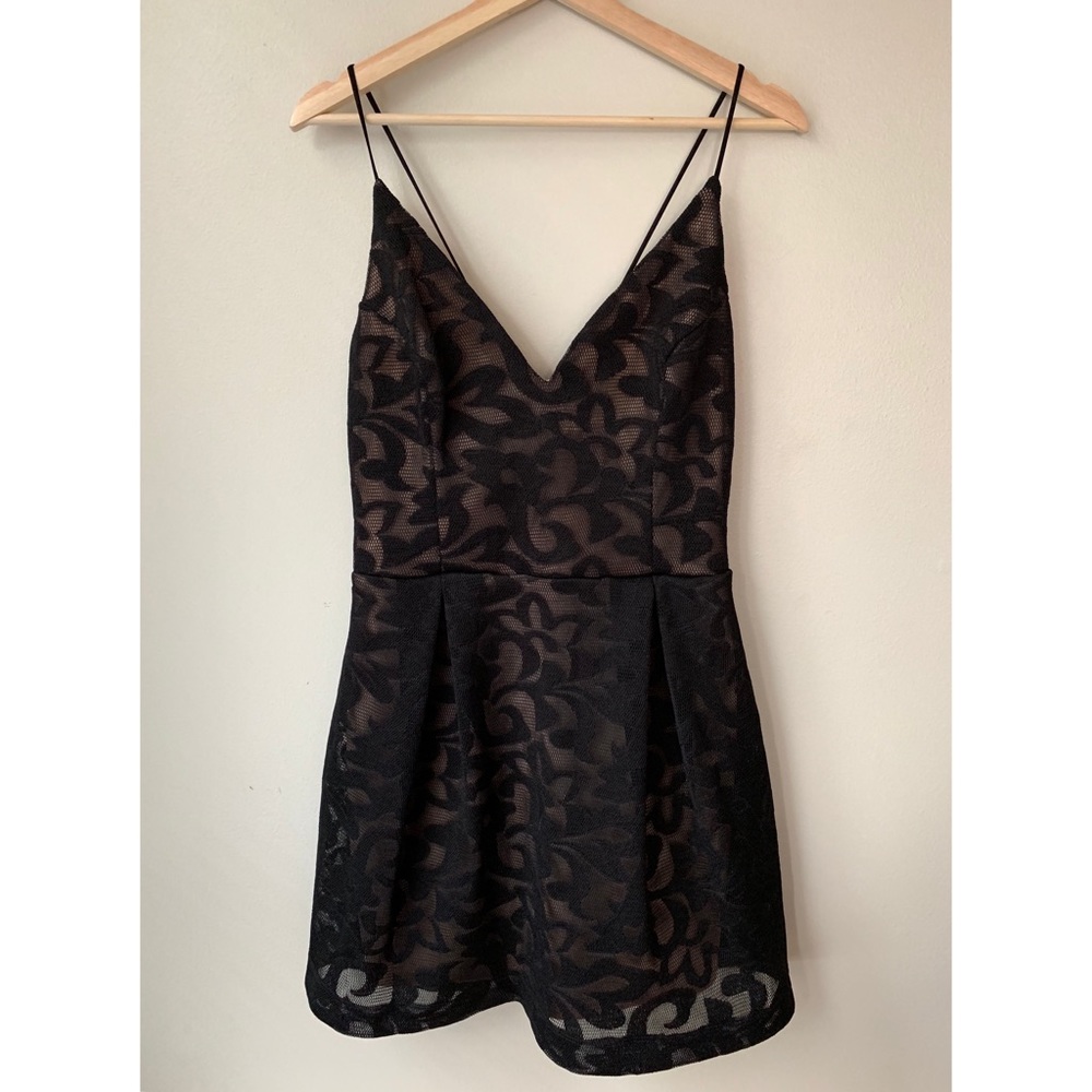 AKIRA • L • V Neck Lace Illusion Dress Black with Nude Underlay
